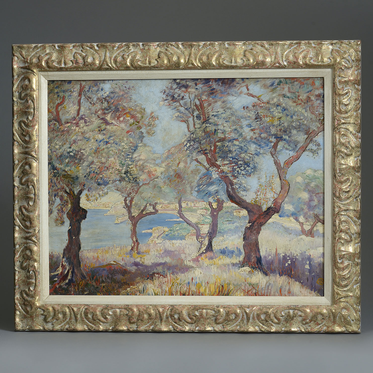 Impressionist oil painting of trees in a gilt frame