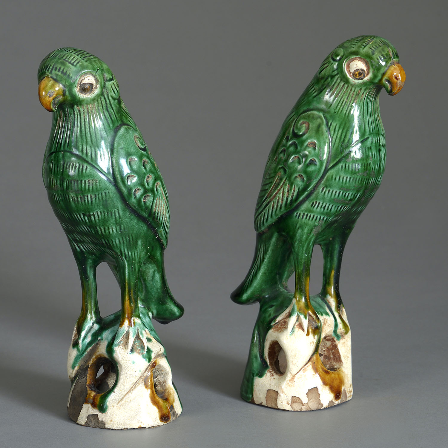 Pair of Chinese Republic period green-glazed parrot figures